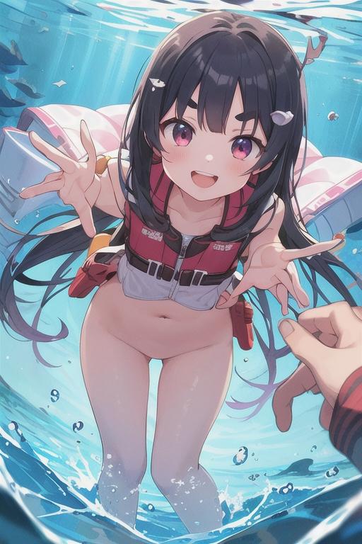 まゆ子が裸ライフジャケットで泳いでる