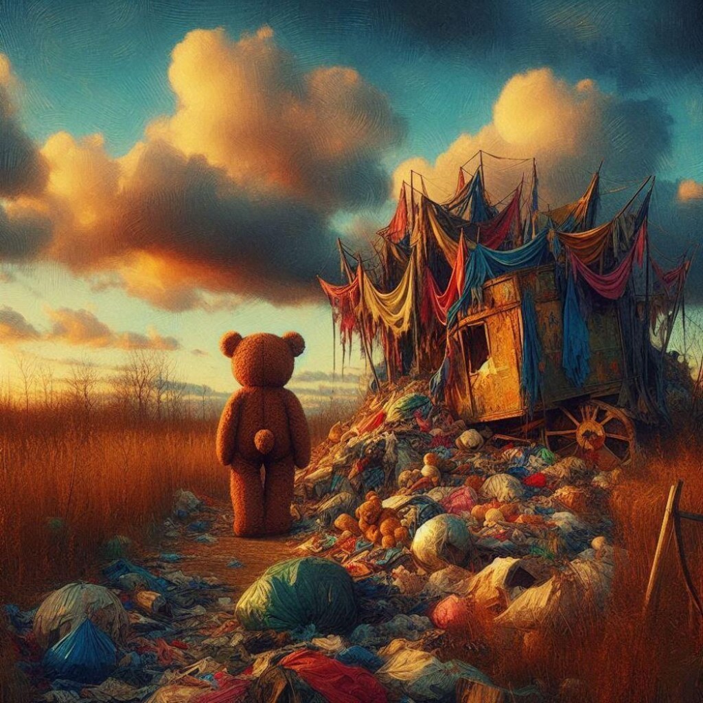 油絵ファンタジー、ゴミ捨て場から帰ってきたボロボロでツギハギだらけのテディベア