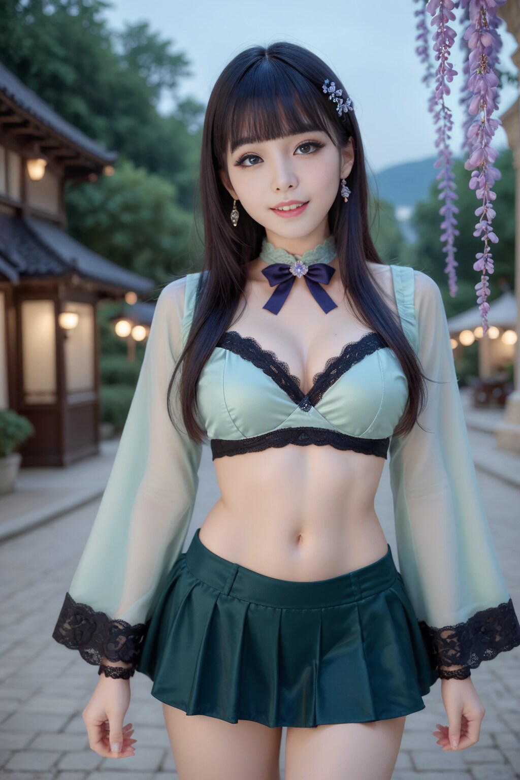 緑の着物ドレスの美女