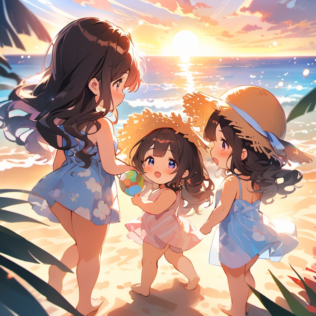 夕日　浜辺　女の子達
