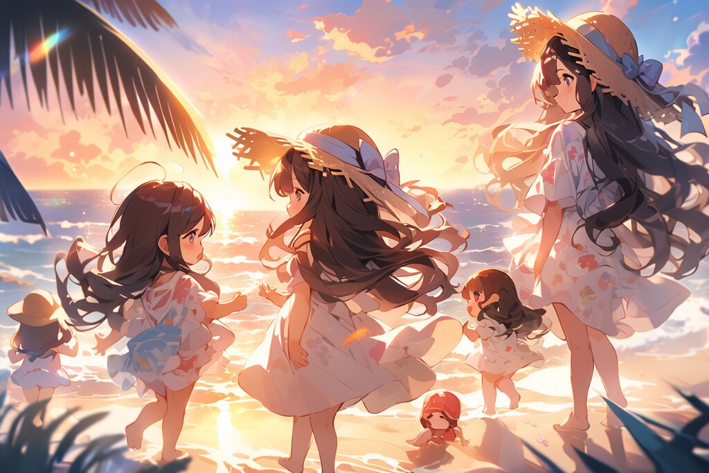 夕日　浜辺　女の子達