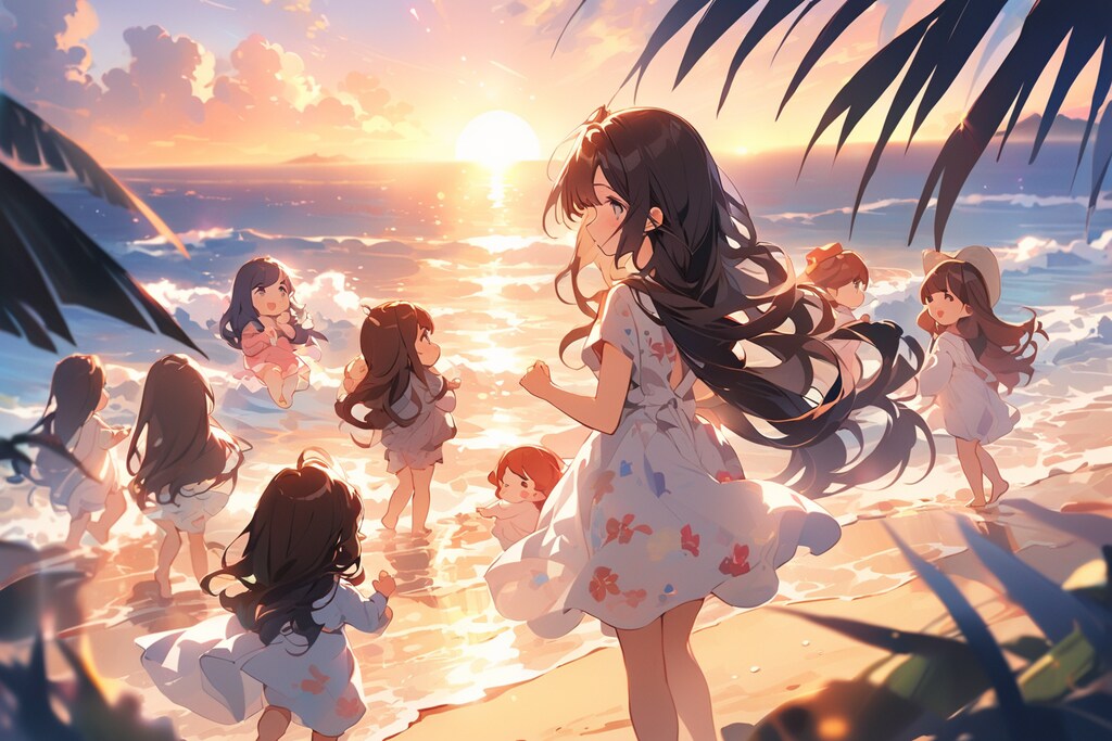 夕日　浜辺　女の子達