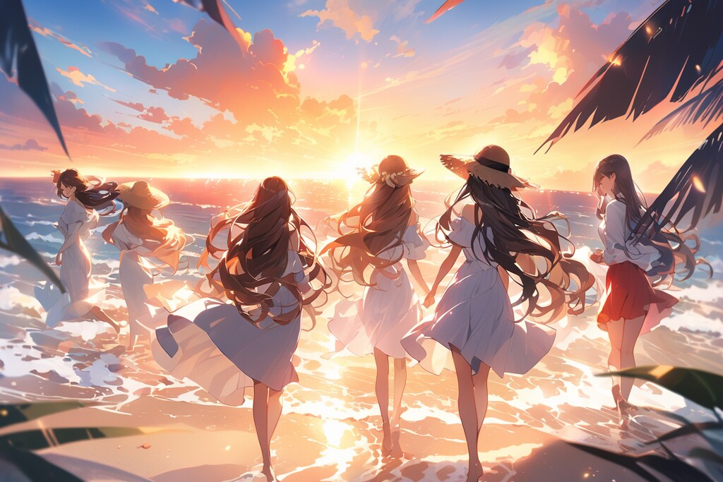 夕日　浜辺　女の子達