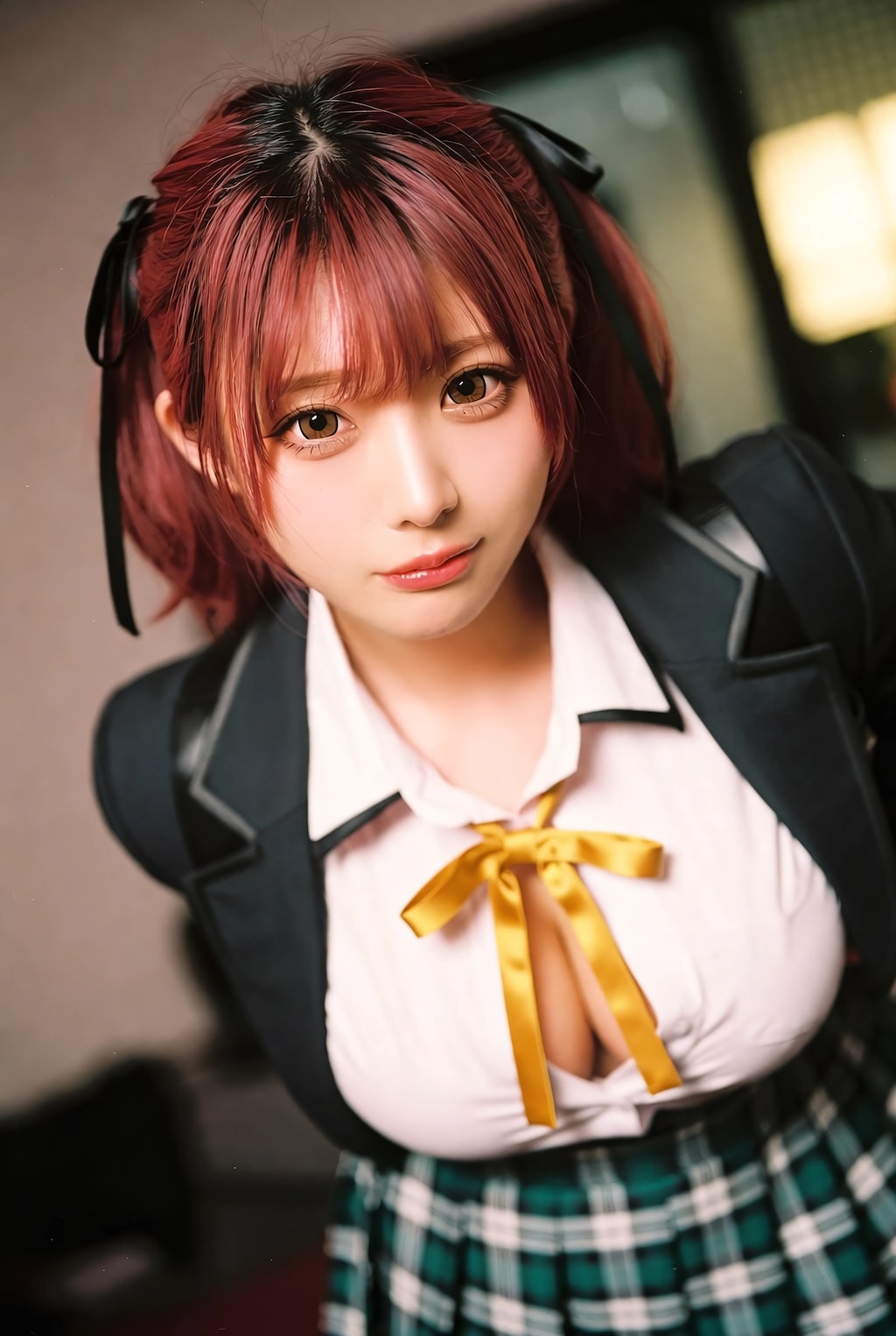 Schoolgirl Gaze in Plaid and Gold