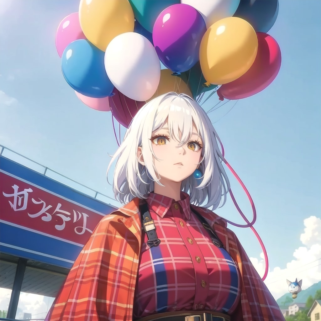 いっぱい色とりどりの風船を持つ白い髪ロングオッドアイのチェック柄服着た美女