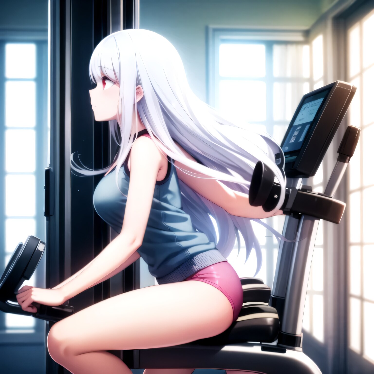 白髪ロングでエアロバイクの少女３ | の人気AIイラスト・グラビア