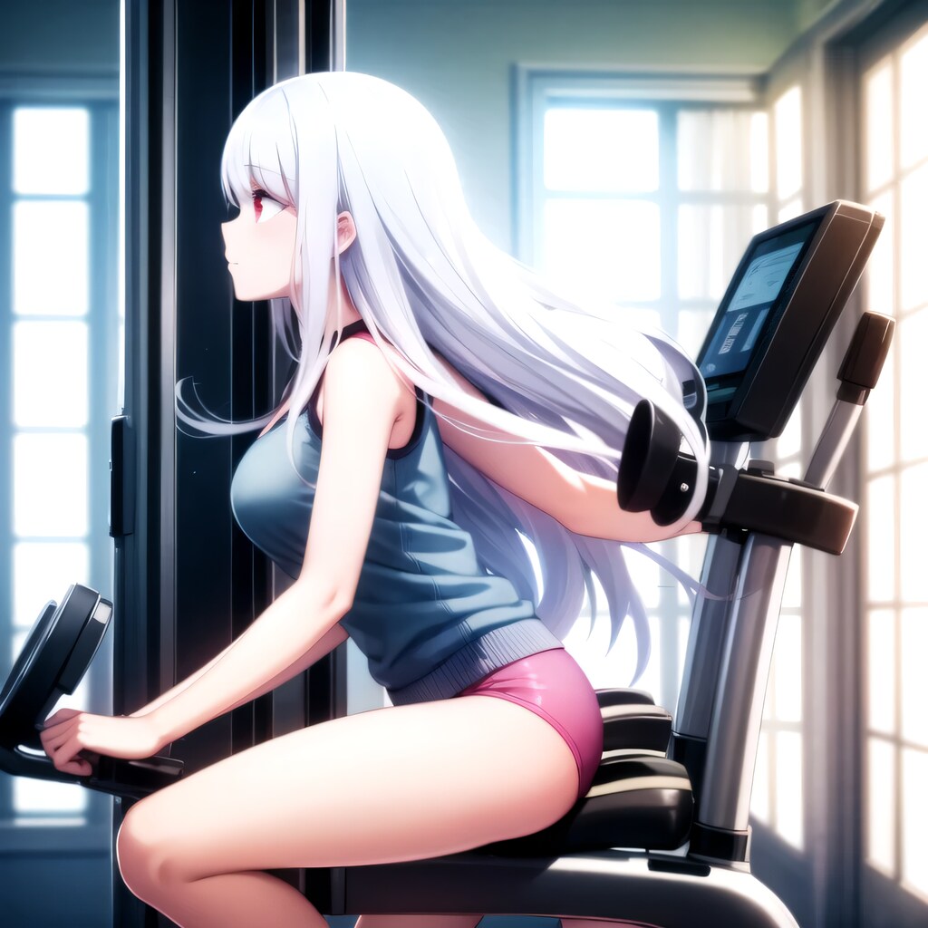 白髪ロングでエアロバイクの少女３