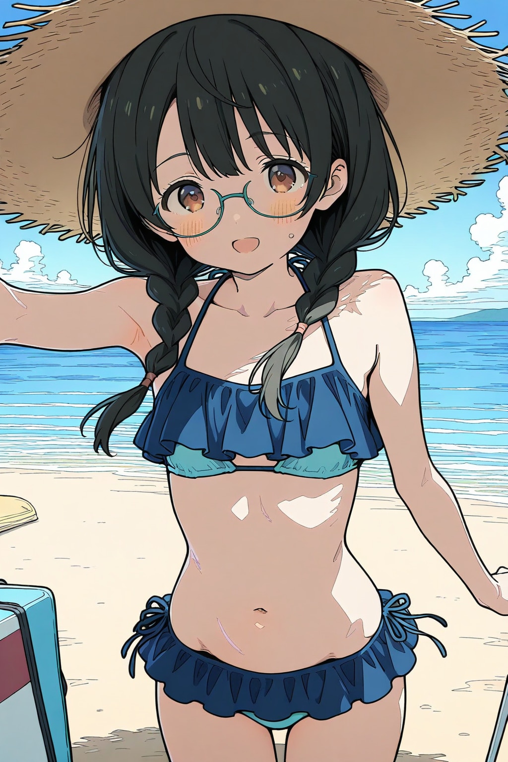 眼鏡三つ編みの子が海水浴