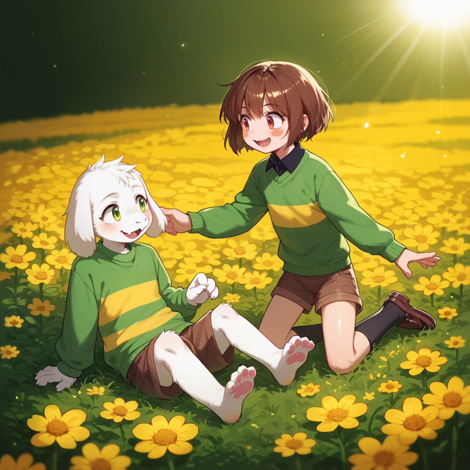 花畑で遊ぶアズリエルくんとキャラちゃん