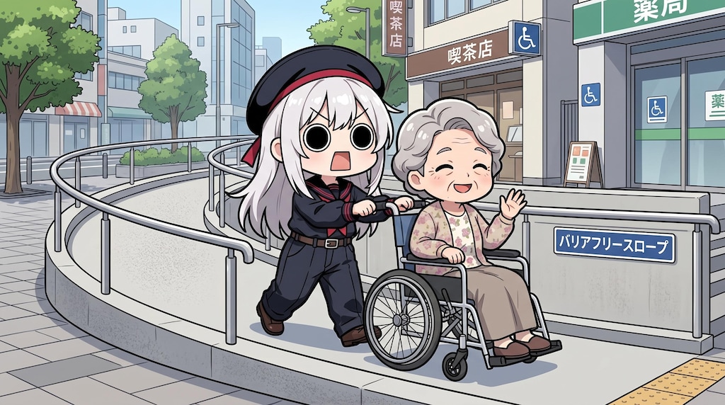 車椅子を押すえらいこっちゃ嬢