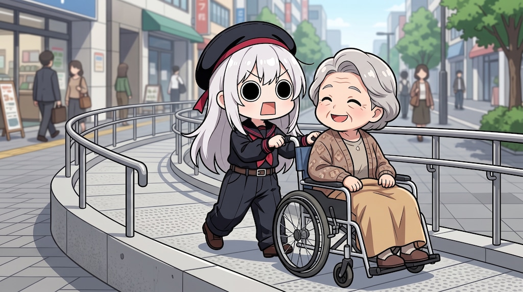 車椅子を押すえらいこっちゃ嬢