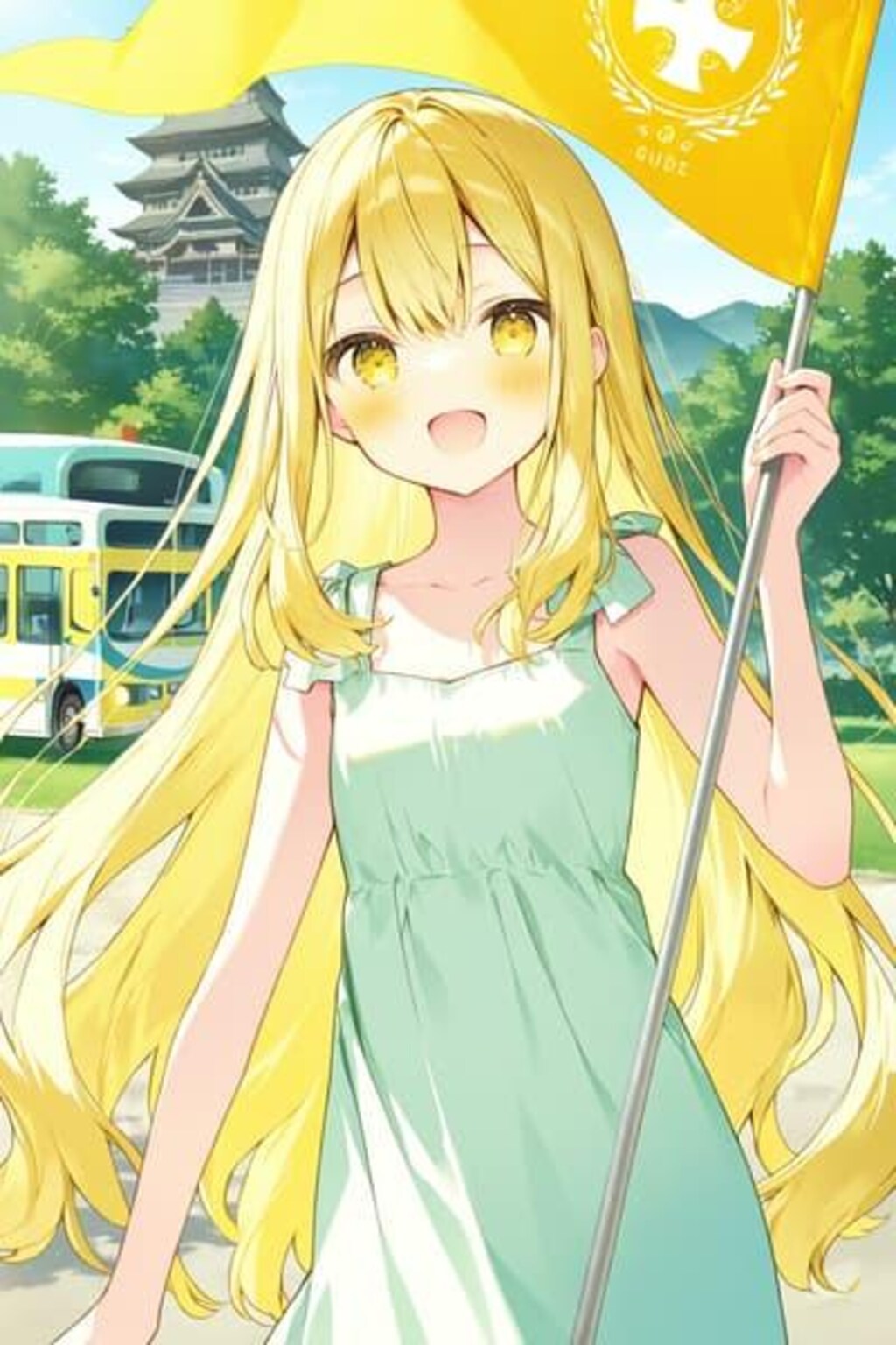 松本城を案内するバスガイドさん？