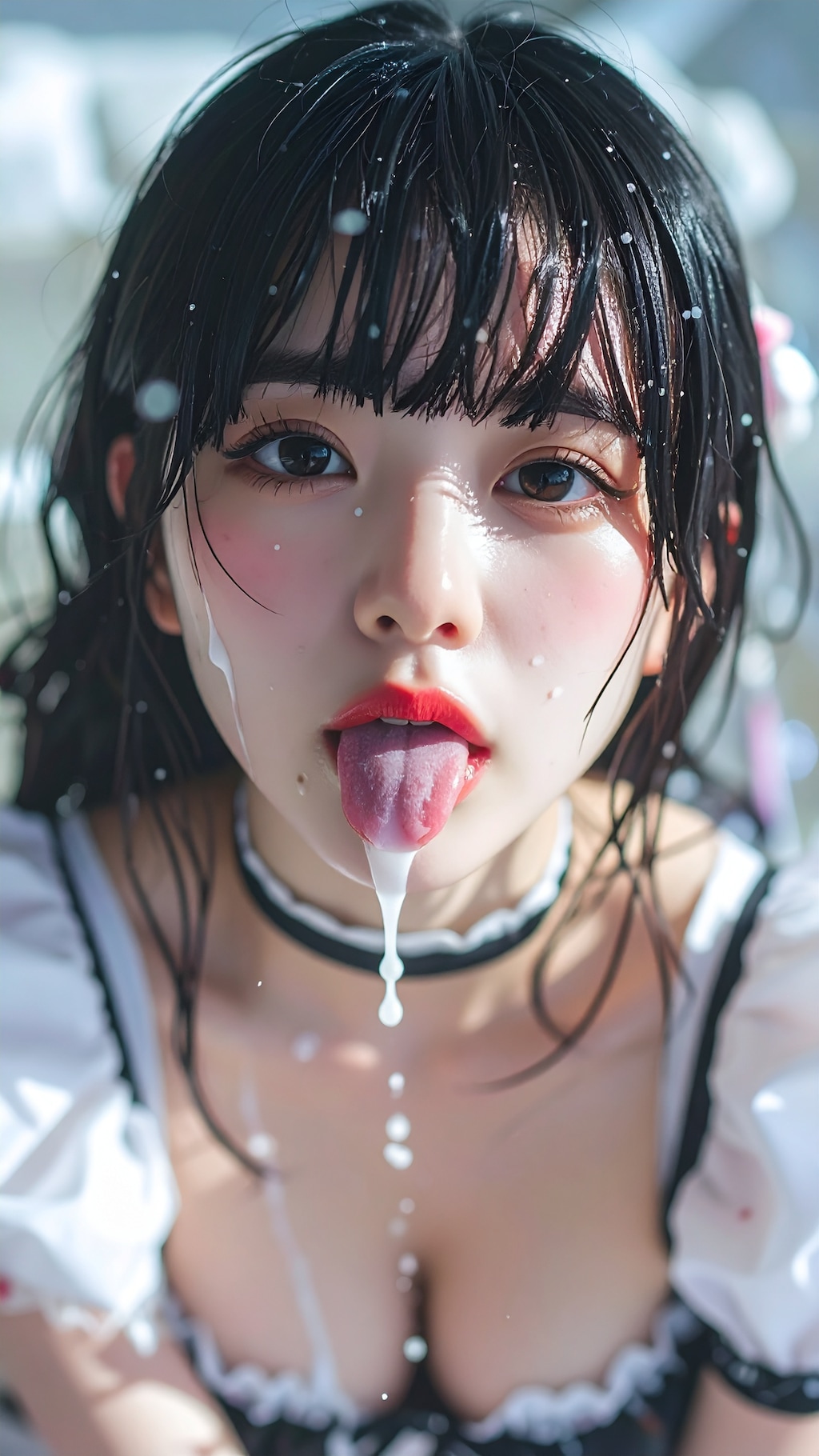 やだ、こぼれて胸に……。