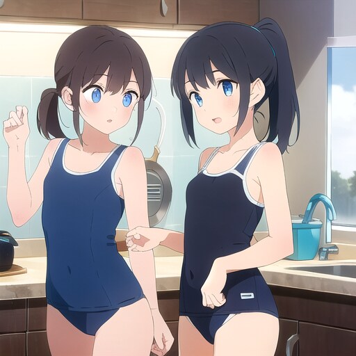 キッチン　水着　姉妹