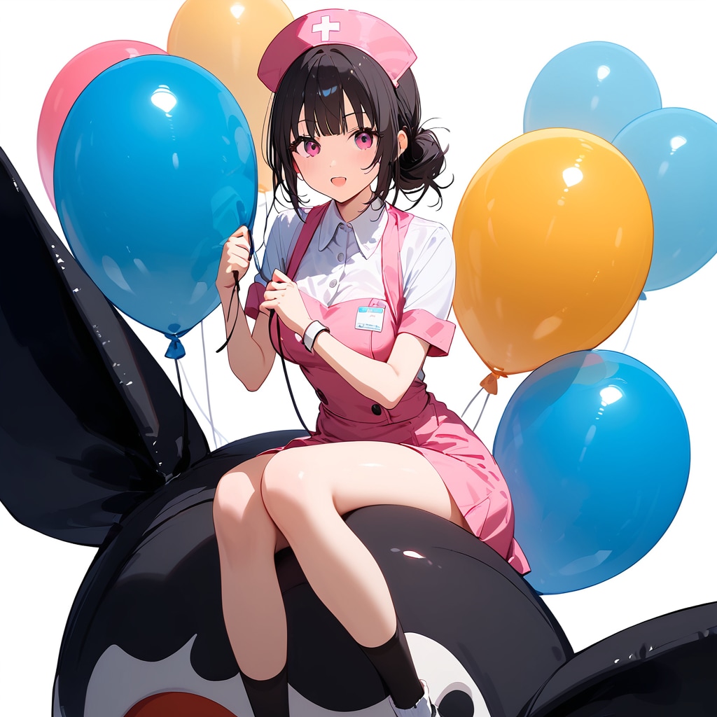 いっぱい風船を膨らませて遊ぶナース服の美女。 | の人気AIイラスト・グラビア