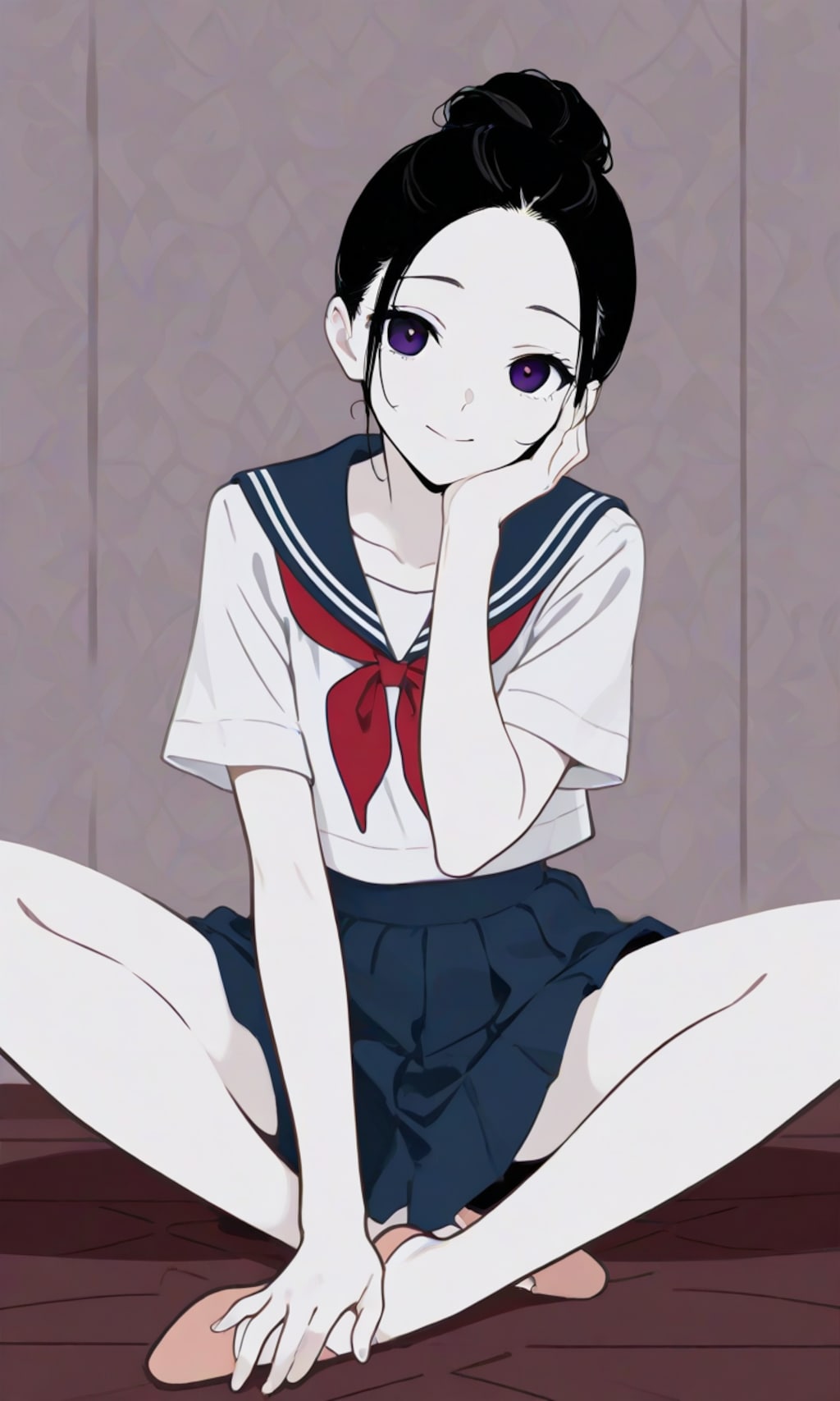 シニョン、セーラー服、あぐら