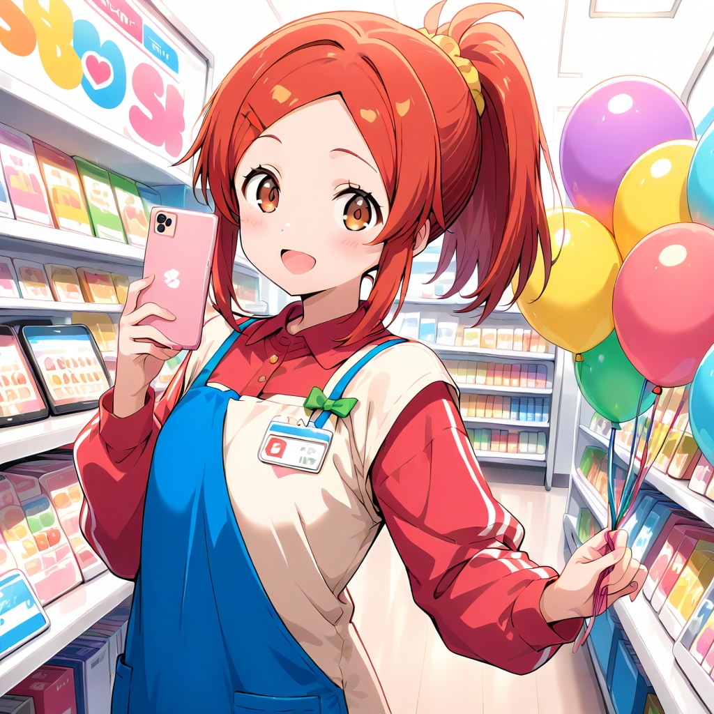 いっぱい風船を持つ赤い髪ポニーテールの携帯ショップの美女店員さん | の人気AIイラスト・グラビア