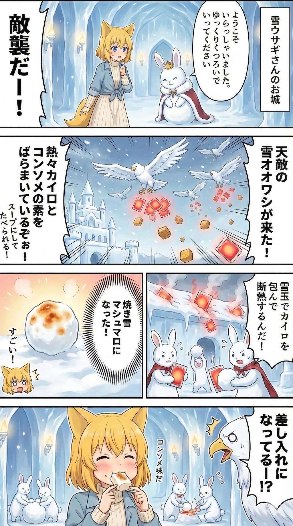 雪ウサギさんと雪オオワシさんが繰り広げる食うか食われるかの争いに巻き込まれたものの魔法のカイロとコンソメの素と雪玉…