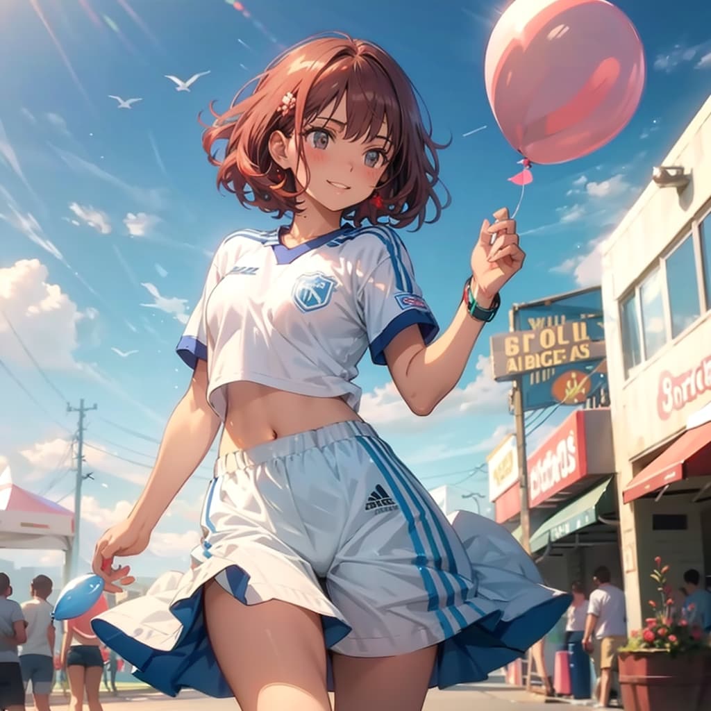 風船を持つ赤い髪ショートカットのサッカーユニフォーム着た美女。