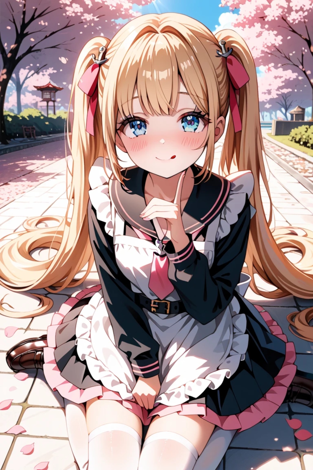 「しーっ♡」金髪ツインテ猫耳メイド莉奈の桜の下で指を唇に🌸