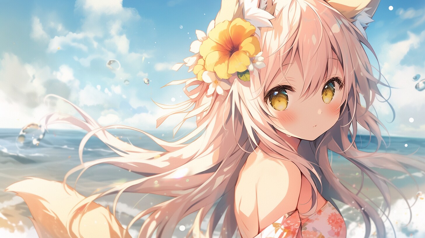 夏の海辺で出会う花飾りの狐娘 | の人気AIイラスト・グラビア