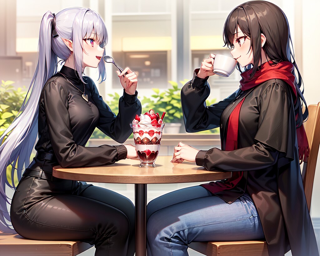 喫茶店でパフェを楽しむ銀髪竜姫と珈琲を嗜む魔女