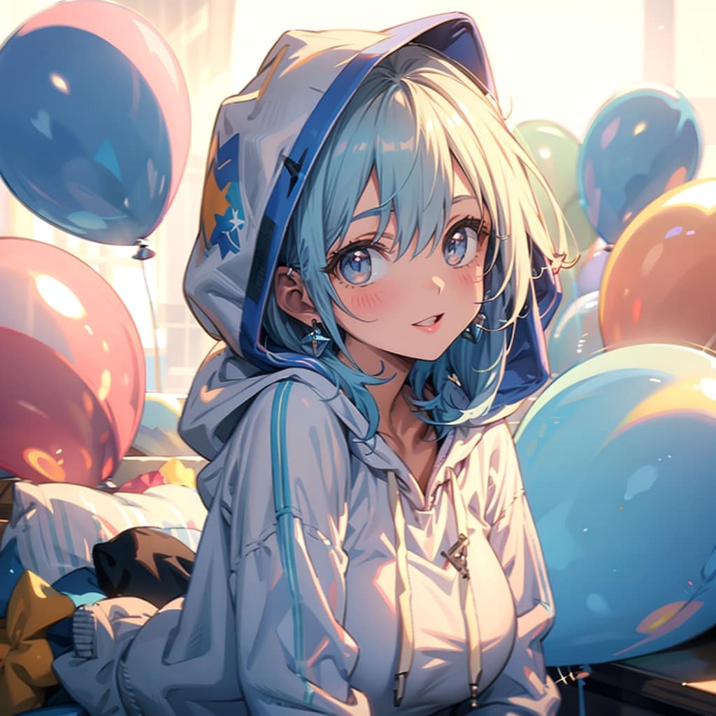 色とりどりの風船を持つ白い髪ロングの青いパーカー着た美女 | の人気AIイラスト・グラビア