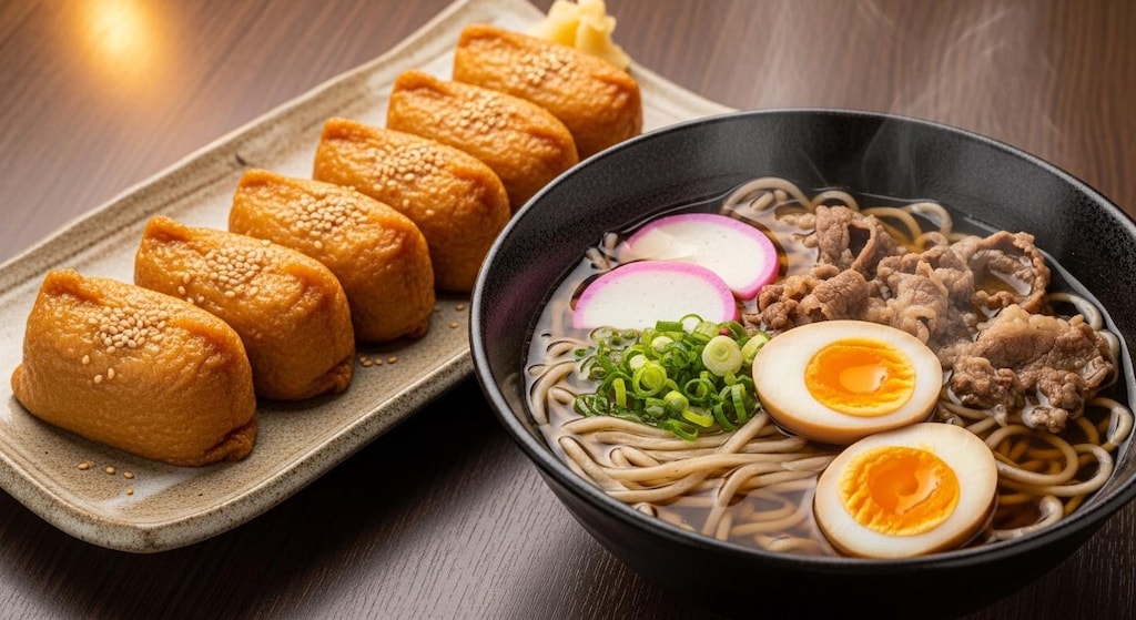 摩訶不思議食堂の稲荷寿司と蕎麦のセット