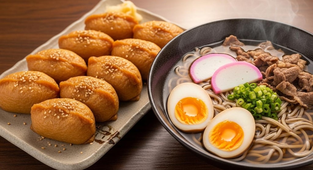 摩訶不思議食堂の稲荷寿司と蕎麦のセット