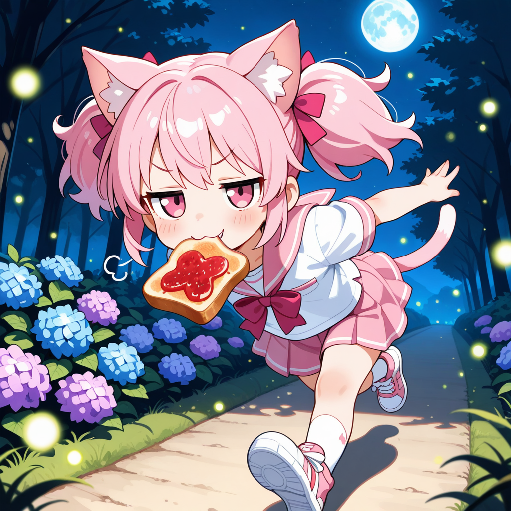 紫陽花が咲く公園で蛍が舞っている中を月をバックにトーストランニングするねこちゃん！！（はぁはぁ。）