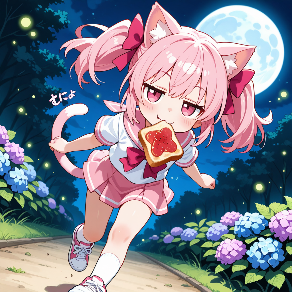 紫陽花が咲く公園で蛍が舞っている中を月をバックにトーストランニングするねこちゃん！！（はぁはぁ。）