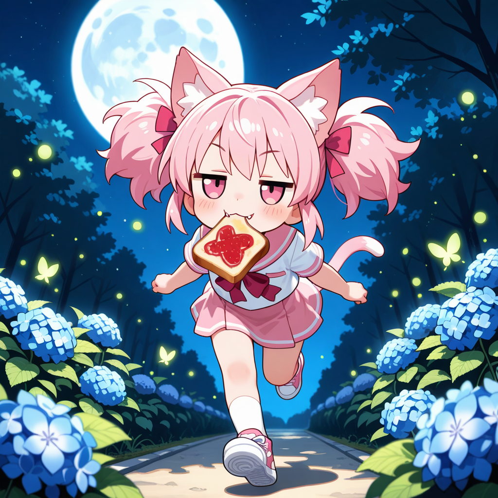 紫陽花が咲く公園で蛍が舞っている中を月をバックにトーストランニングするねこちゃん！！（はぁはぁ。）