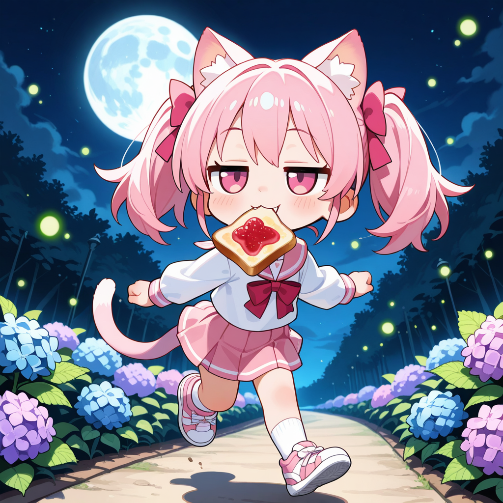 紫陽花が咲く公園で蛍が舞っている中を月をバックにトーストランニングするねこちゃん！！（はぁはぁ。）