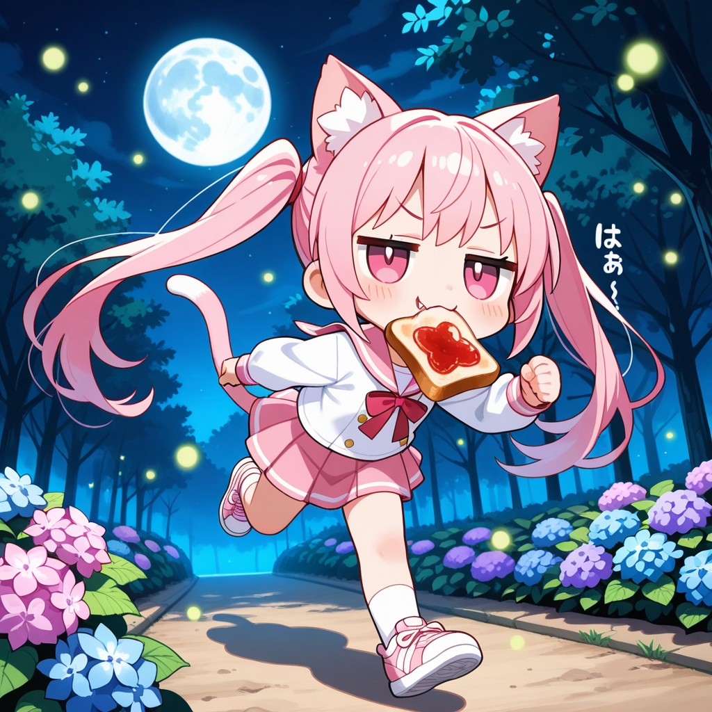 紫陽花が咲く公園で蛍が舞っている中を月をバックにトーストランニングするねこちゃん！！（はぁはぁ。）
