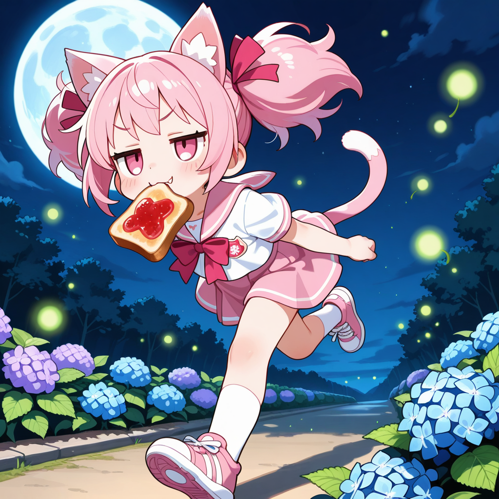 紫陽花が咲く公園で蛍が舞っている中を月をバックにトーストランニングするねこちゃん！！（はぁはぁ。）