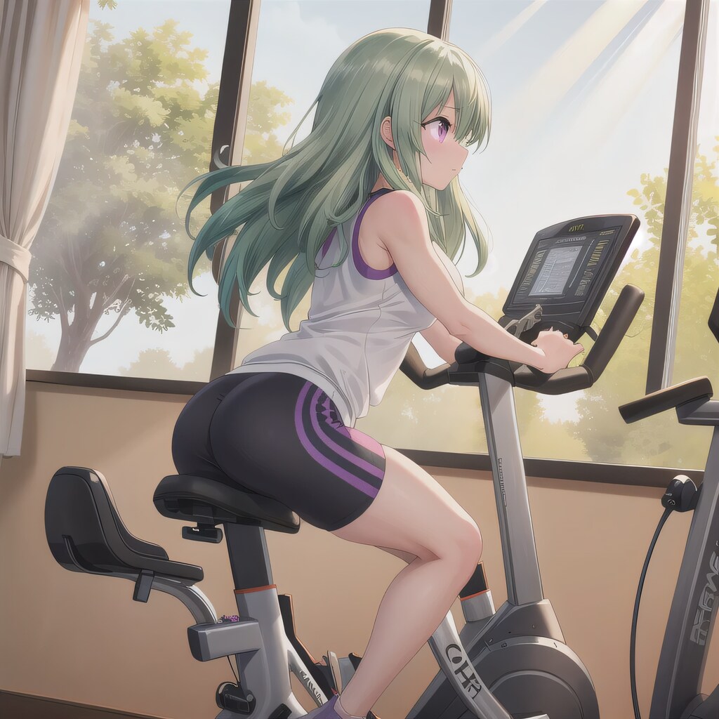 緑髪ロングでエアロバイクの少女