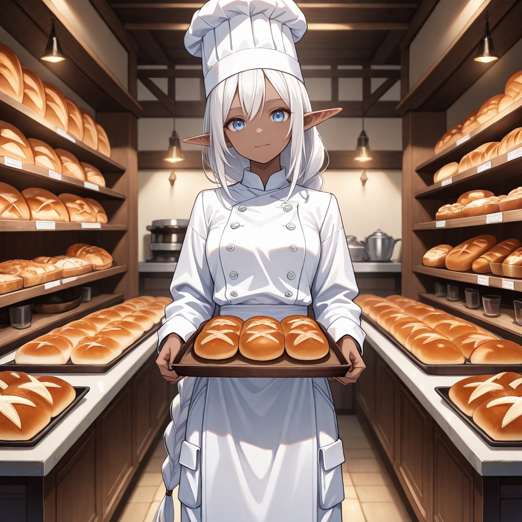 焼き上がったパンを運ぶパン屋を営むダークエルフ