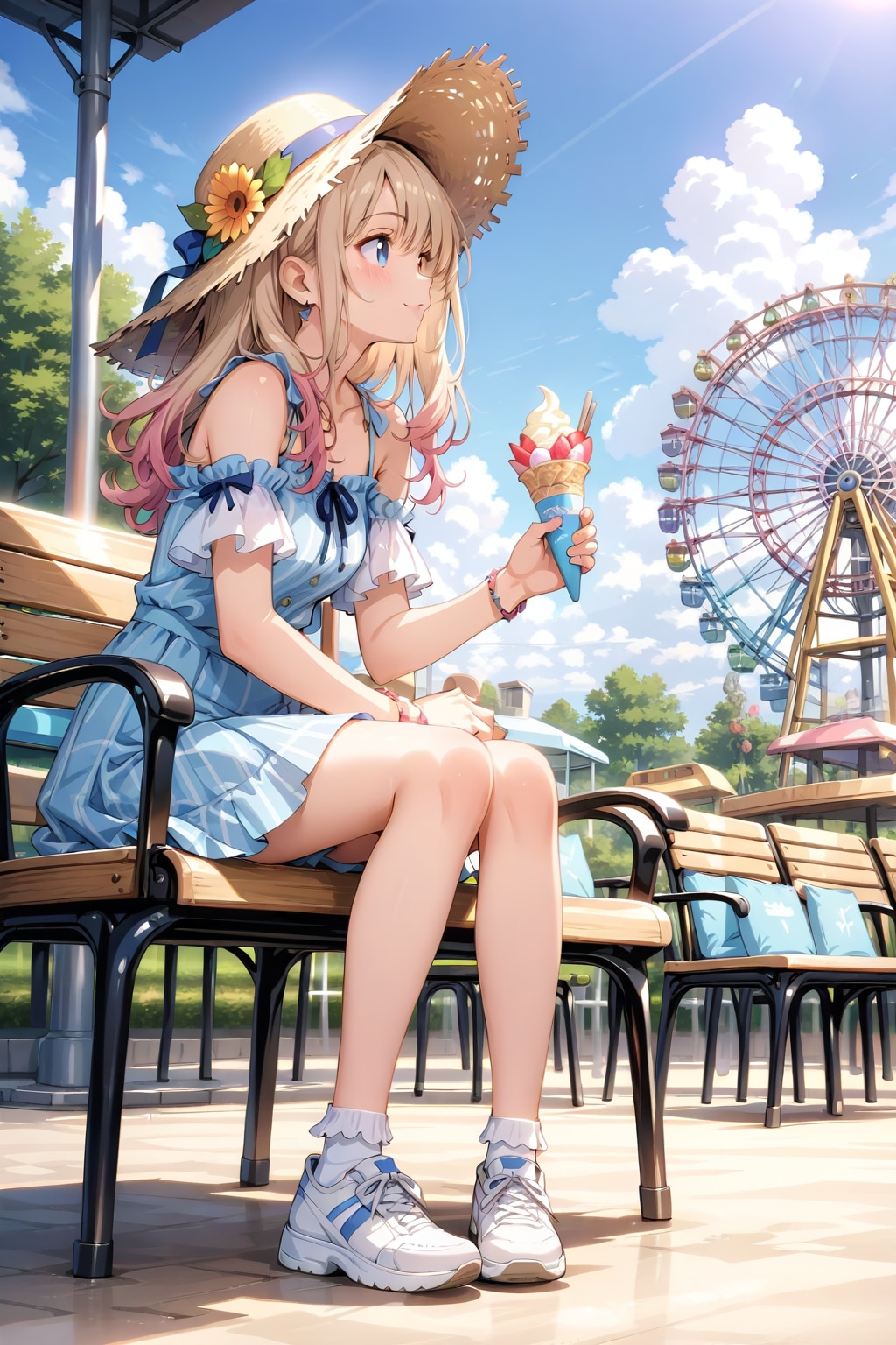 遊園地のベンチでソフトクリームを食べる女の子