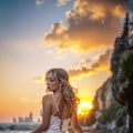 夕景の浜辺に映える美女 3枚目