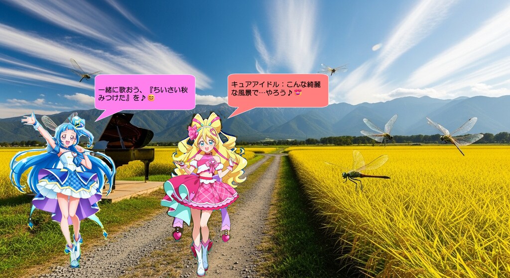 キュアウインク、黄色い稲穂の手前でピアノを弾く