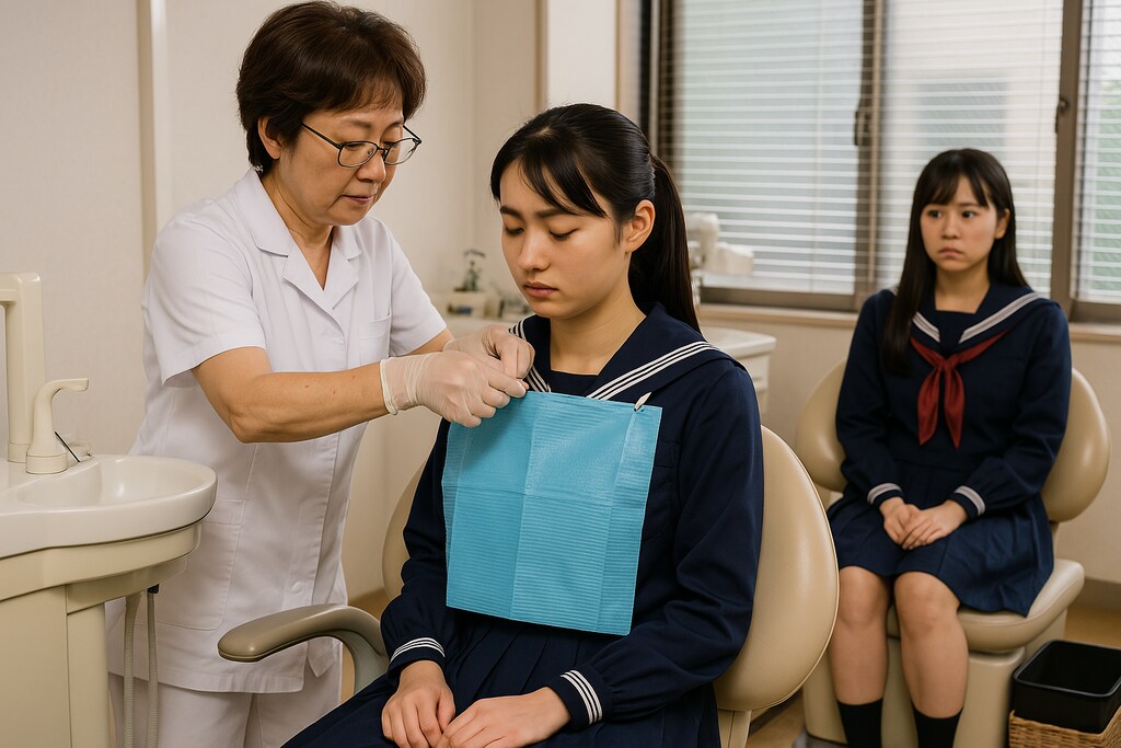 デンタルエプロンをされるセーラ服姿の女子高生