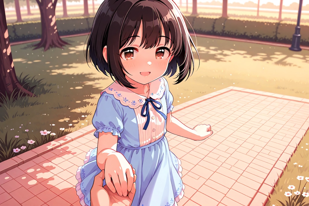 公園を散歩する幼女の鷹富士茄子