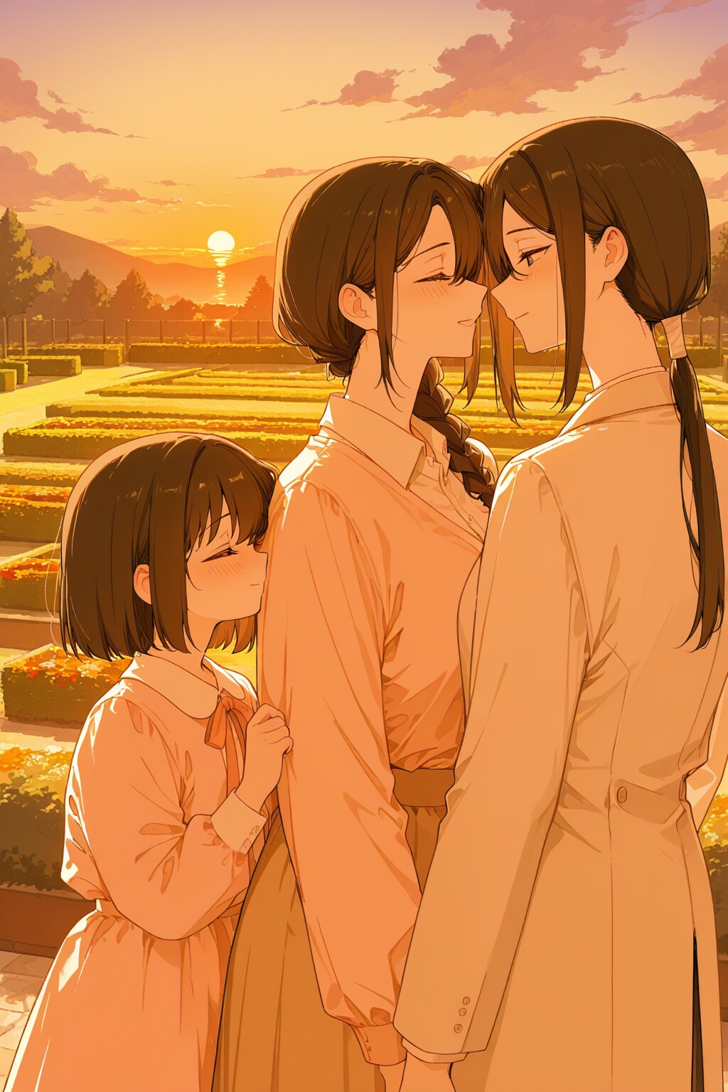 夕日の下、仲良く
