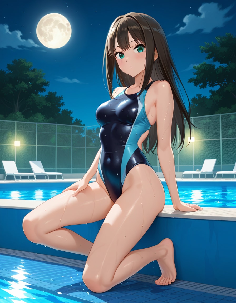 競泳水着のしぶりんと満月(PixAI版)