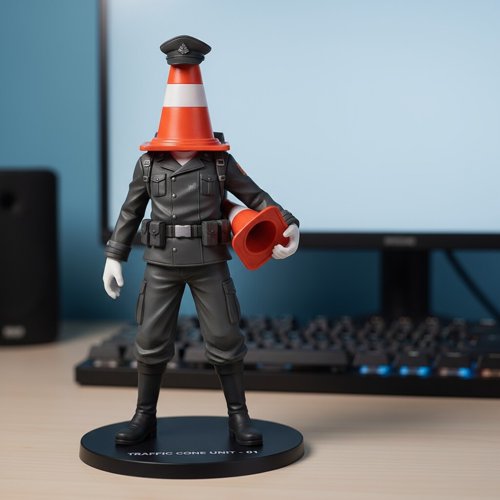 現われた赤い三角コーンの警備員