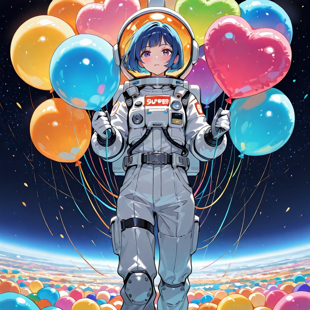 いっぱい色とりどりの風船を持つ青い髪ショートカットの宇宙服着た美女 | の人気AIイラスト・グラビア