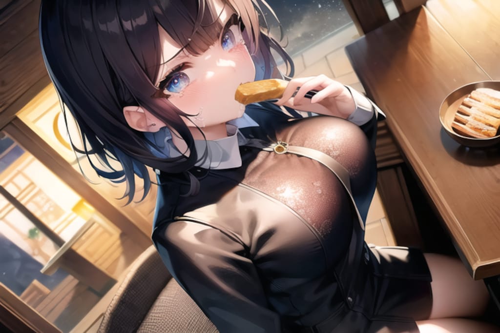 街に戻ってやけ食いしちゃった黒髪ショートJK