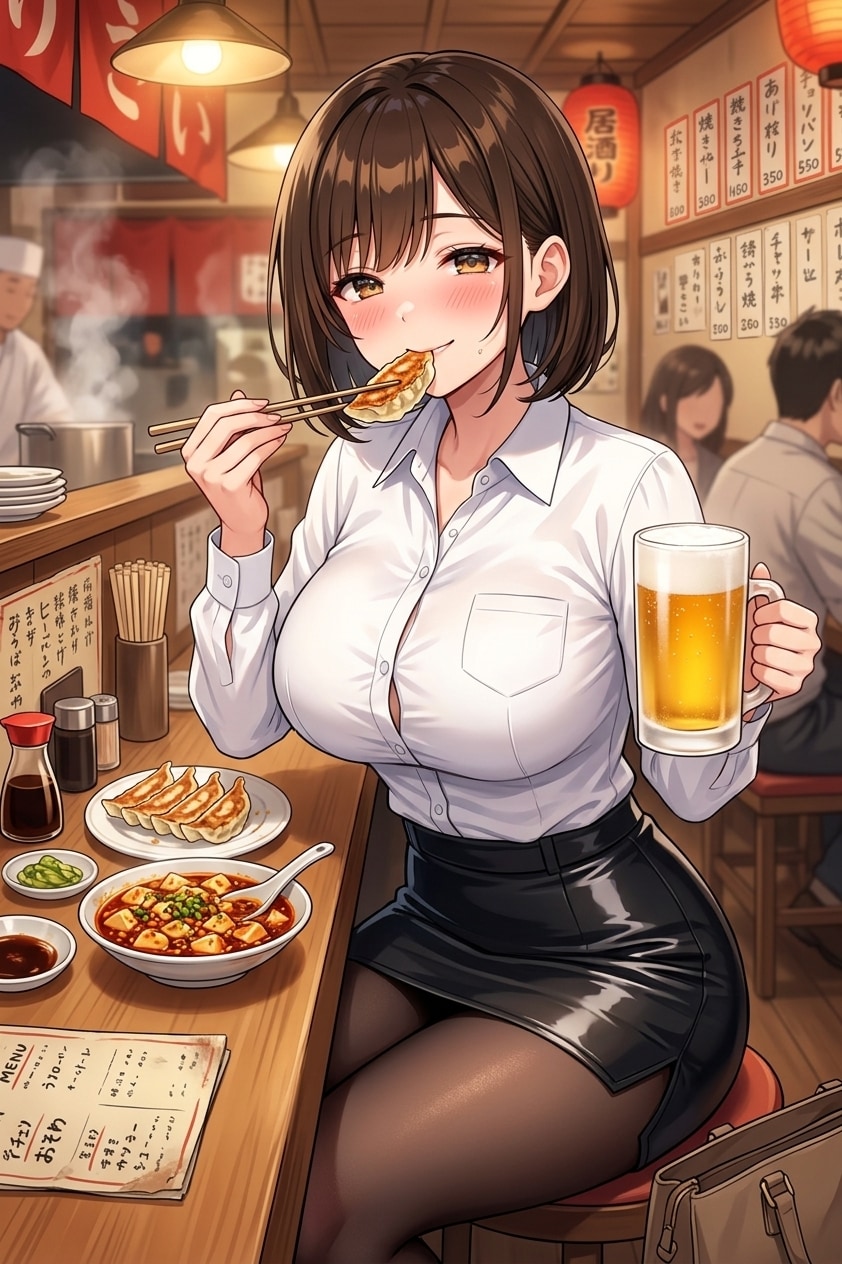 餃子と麻婆豆腐と生ビールとアキちゃん | の人気AIイラスト・グラビア