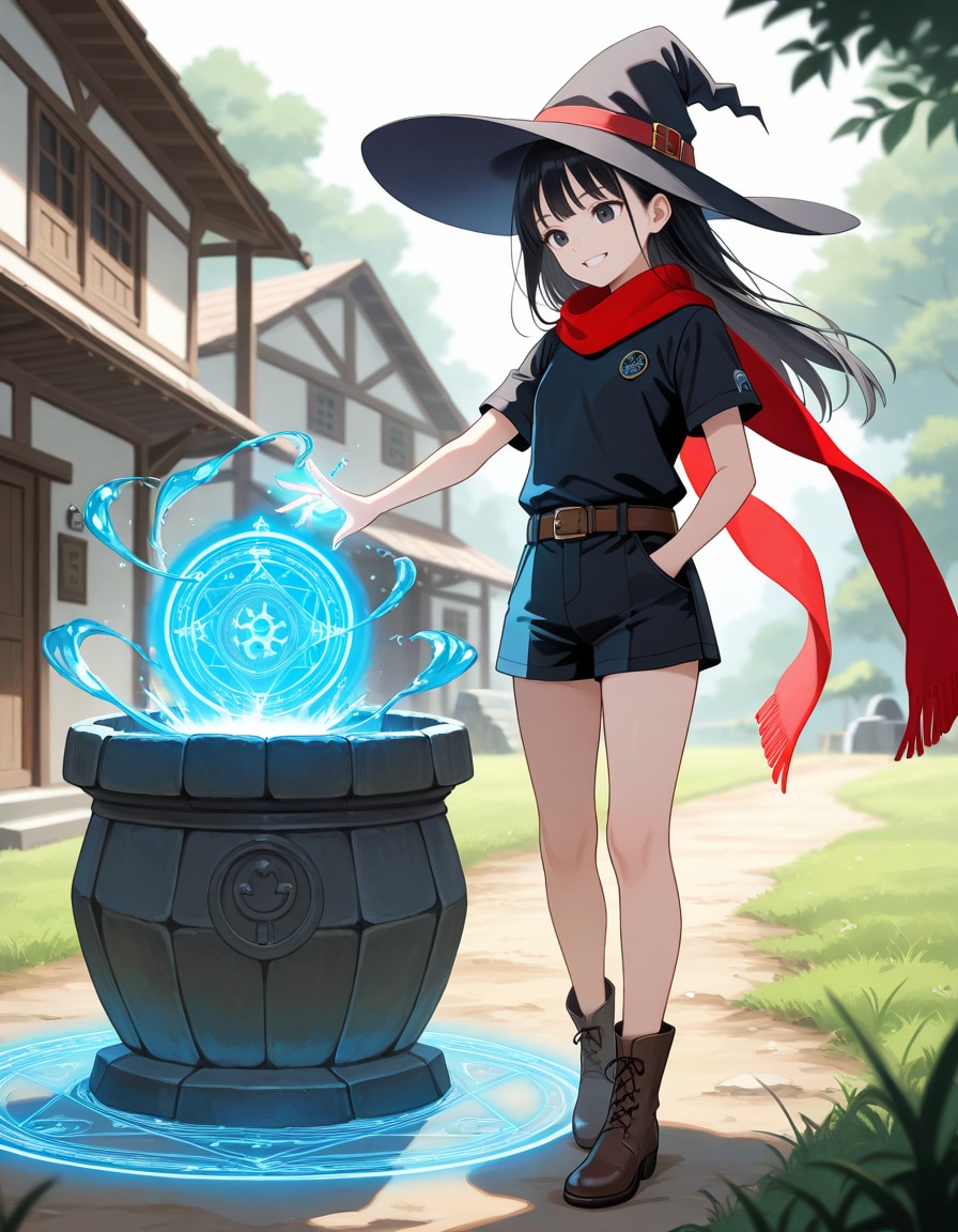 村の井戸を魔法メンテナンスする魔女さん
