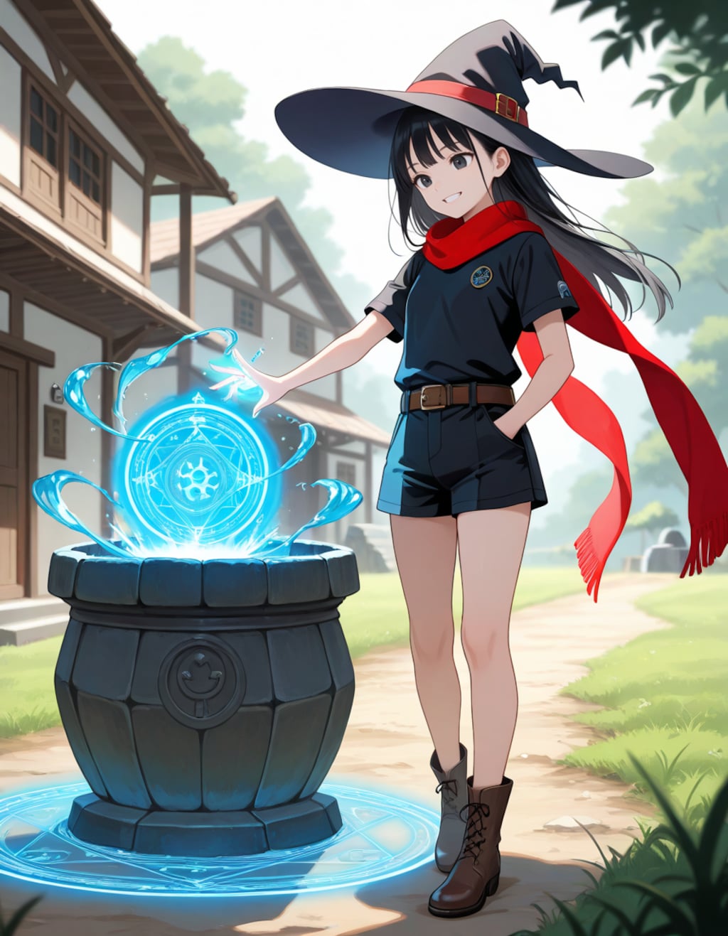 村の井戸を魔法メンテナンスする魔女さん